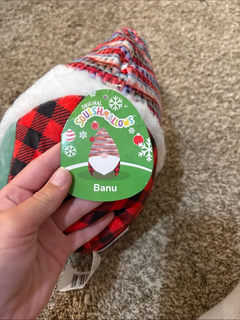 Squishmallows Red & Black Buffalo Plaid Gnome with Multicolor Knit Hat